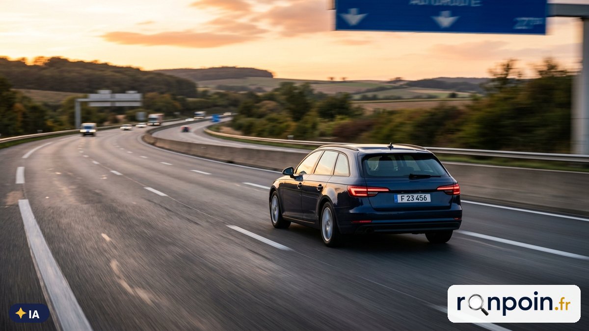 Image générée par intelligence artificielle Break bleu foncé roulant sur l'autoroute au coucher du soleil — illustration générée par IA