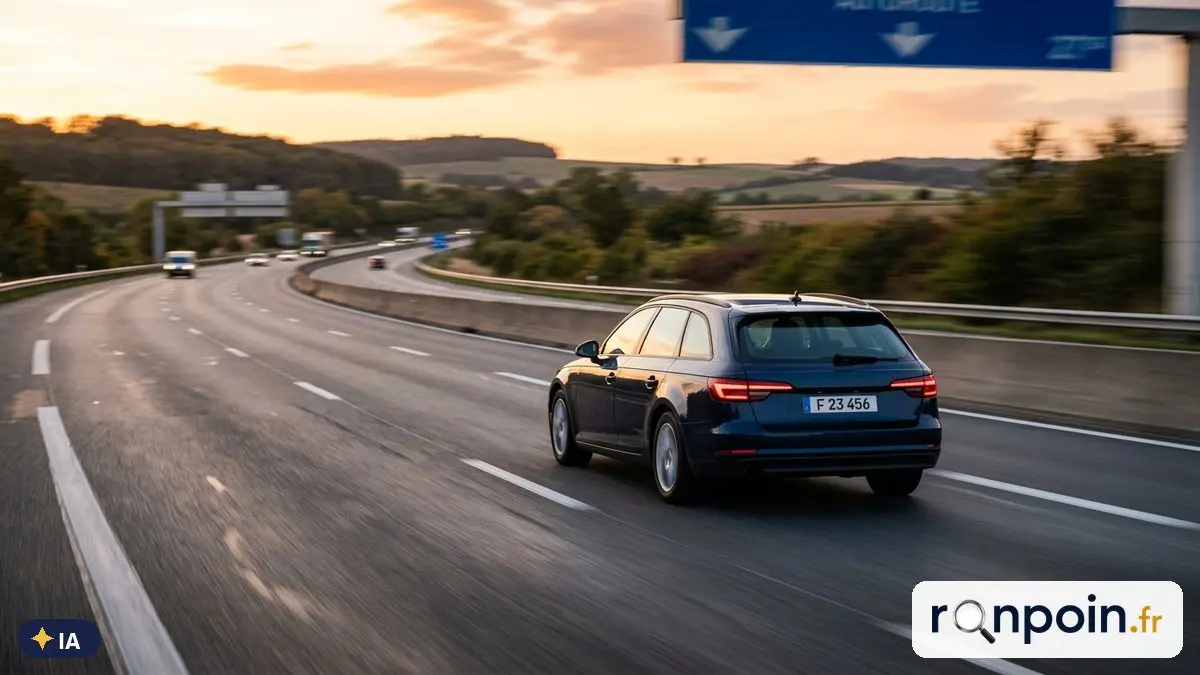 Image générée par intelligence artificielle Break bleu foncé roulant sur l'autoroute au coucher du soleil — illustration générée par IA