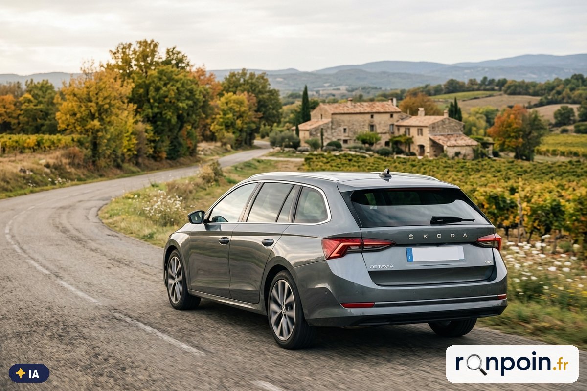 Skoda Octavia Combi grise de trois quarts arrière — illustration générée par IA