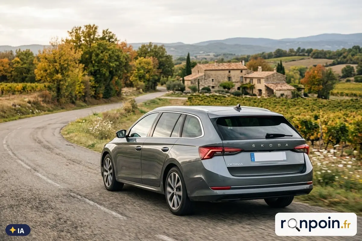 Skoda Octavia Combi grise de trois quarts arrière — illustration générée par IA