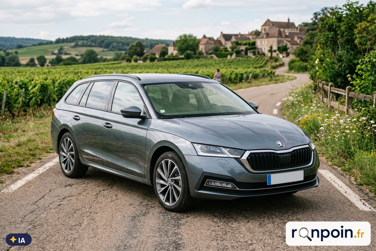 Skoda Octavia Combi grise de trois quarts avant — illustration générée par IA