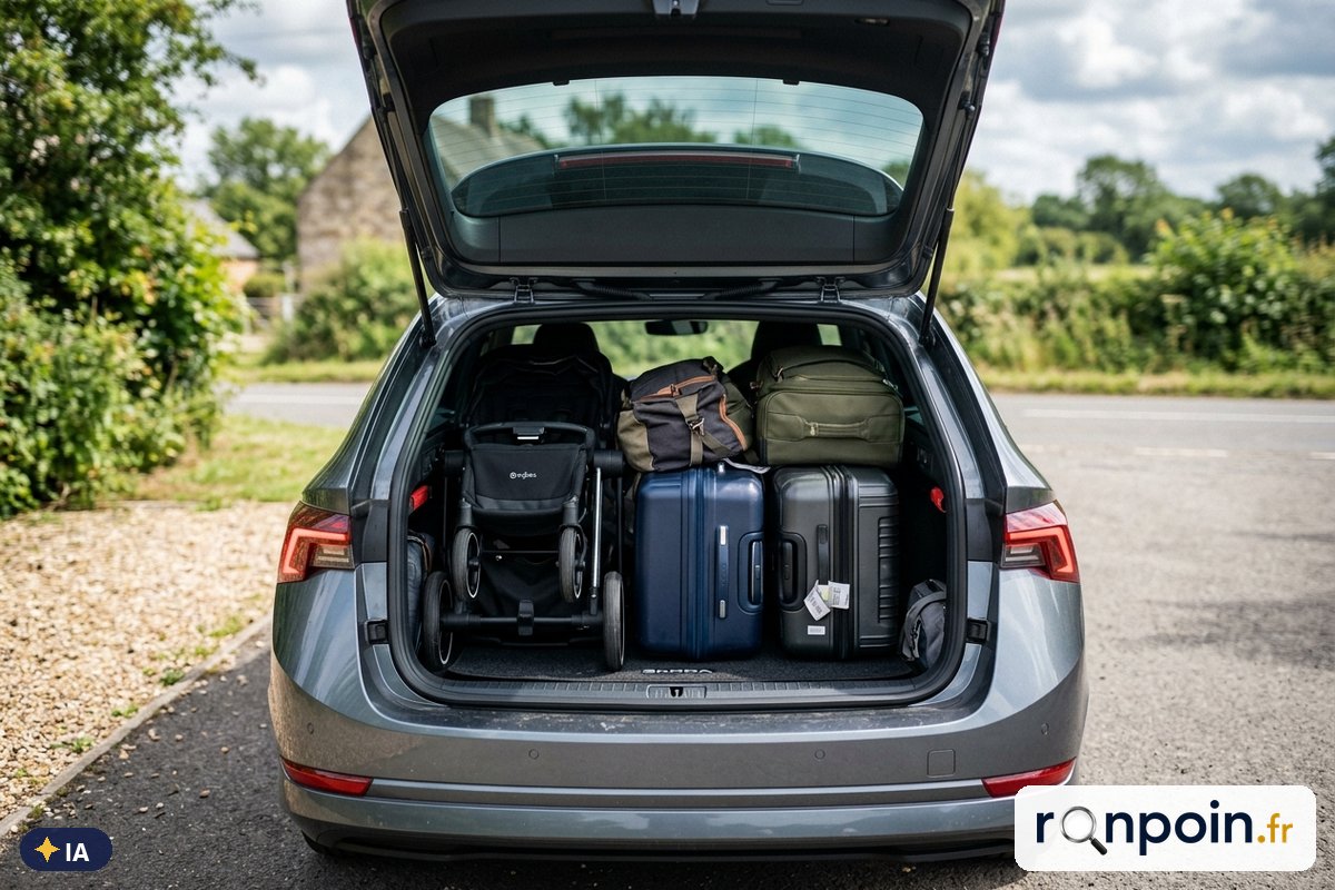 Grand coffre d'une Skoda Octavia Combi rempli de bagages — illustration générée par IA